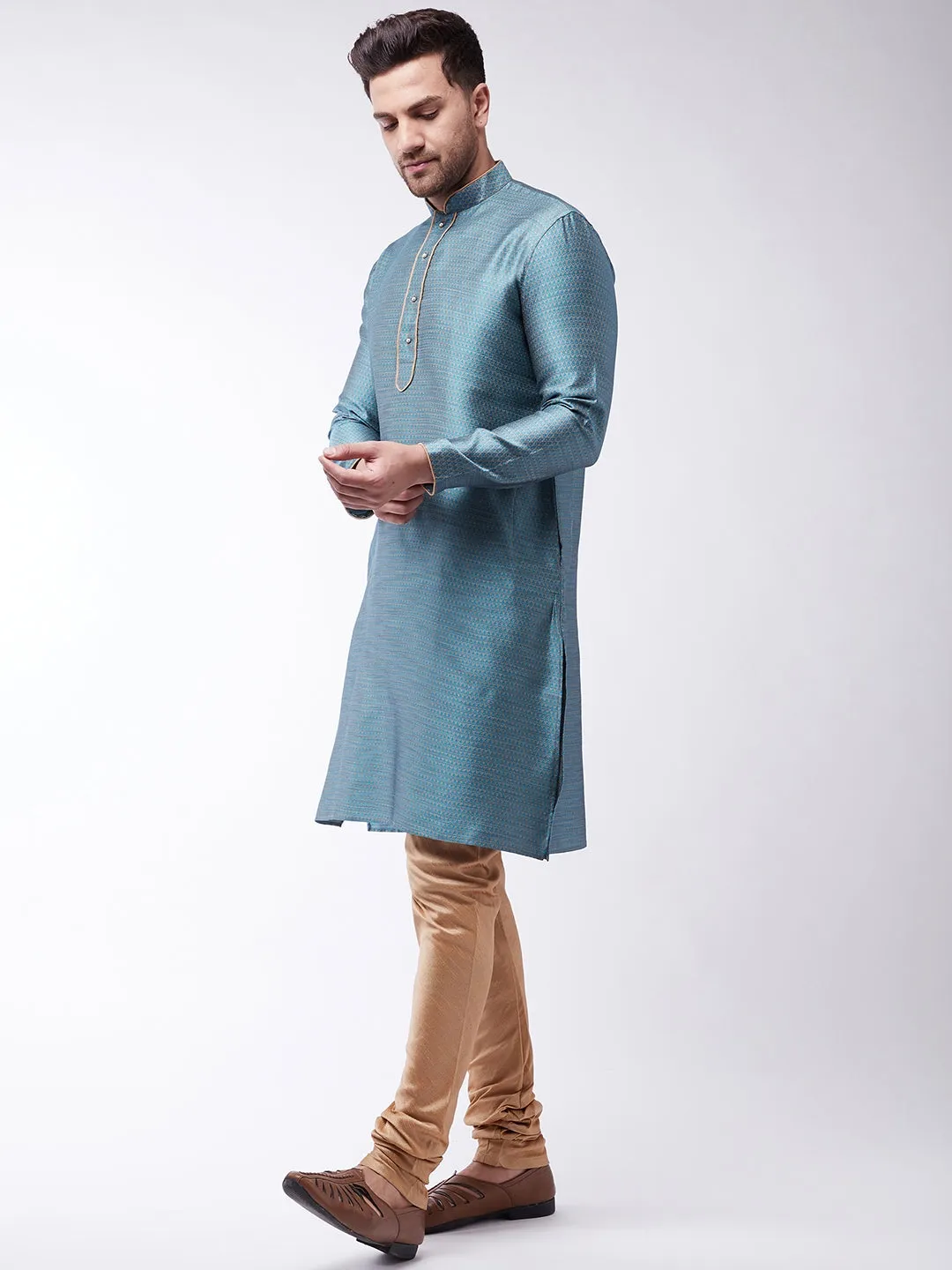 VASTRAMAY Men's Aqua Silk Kurta Churidar