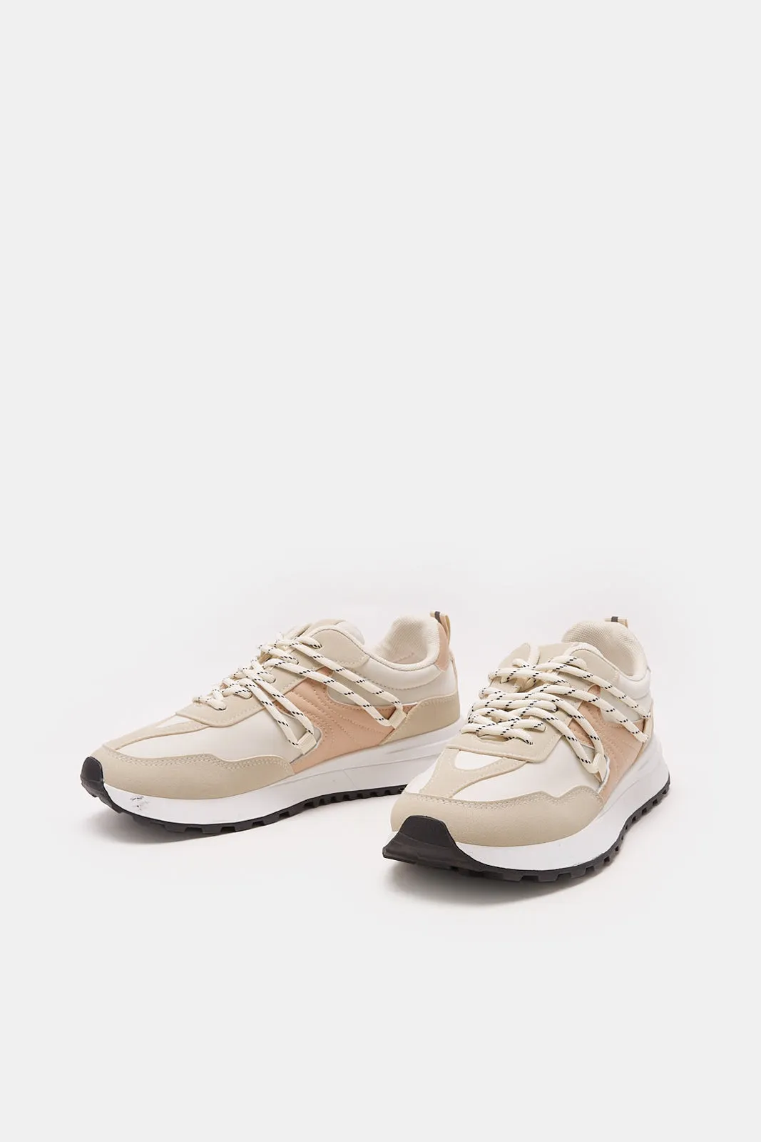 Women Beige Sporty Lace Up Sneakers