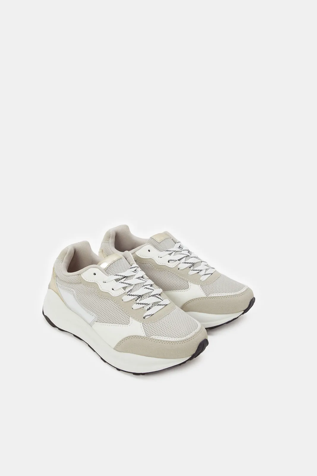 Women Beige Textured Fabric Combination Sneakers