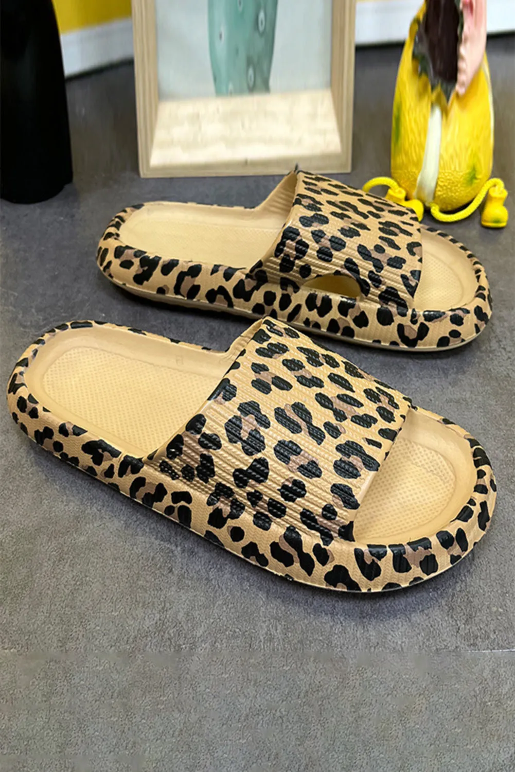 Women's Leopard Print Open Toe Slipper Thick Sole Slip On Shoes